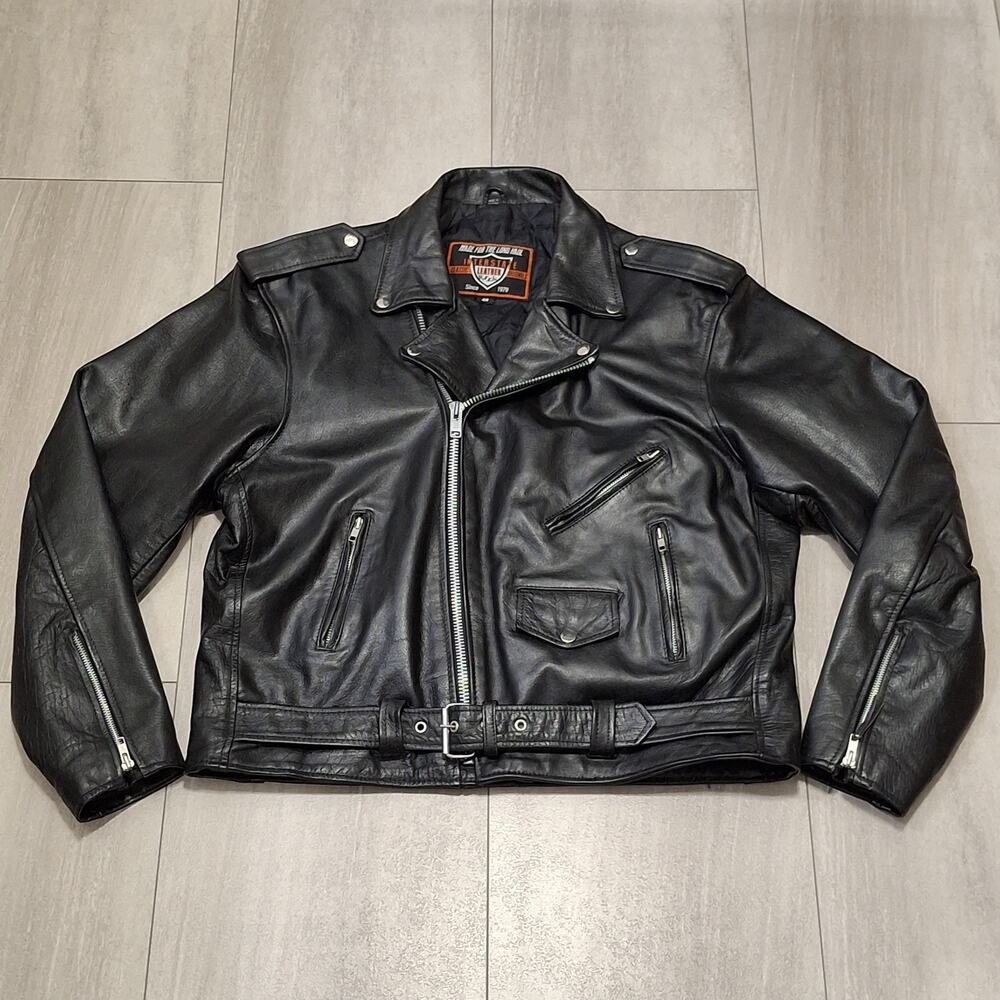 Interstate Leather Biker Jacket Black Leather Motorcycle Size 48
